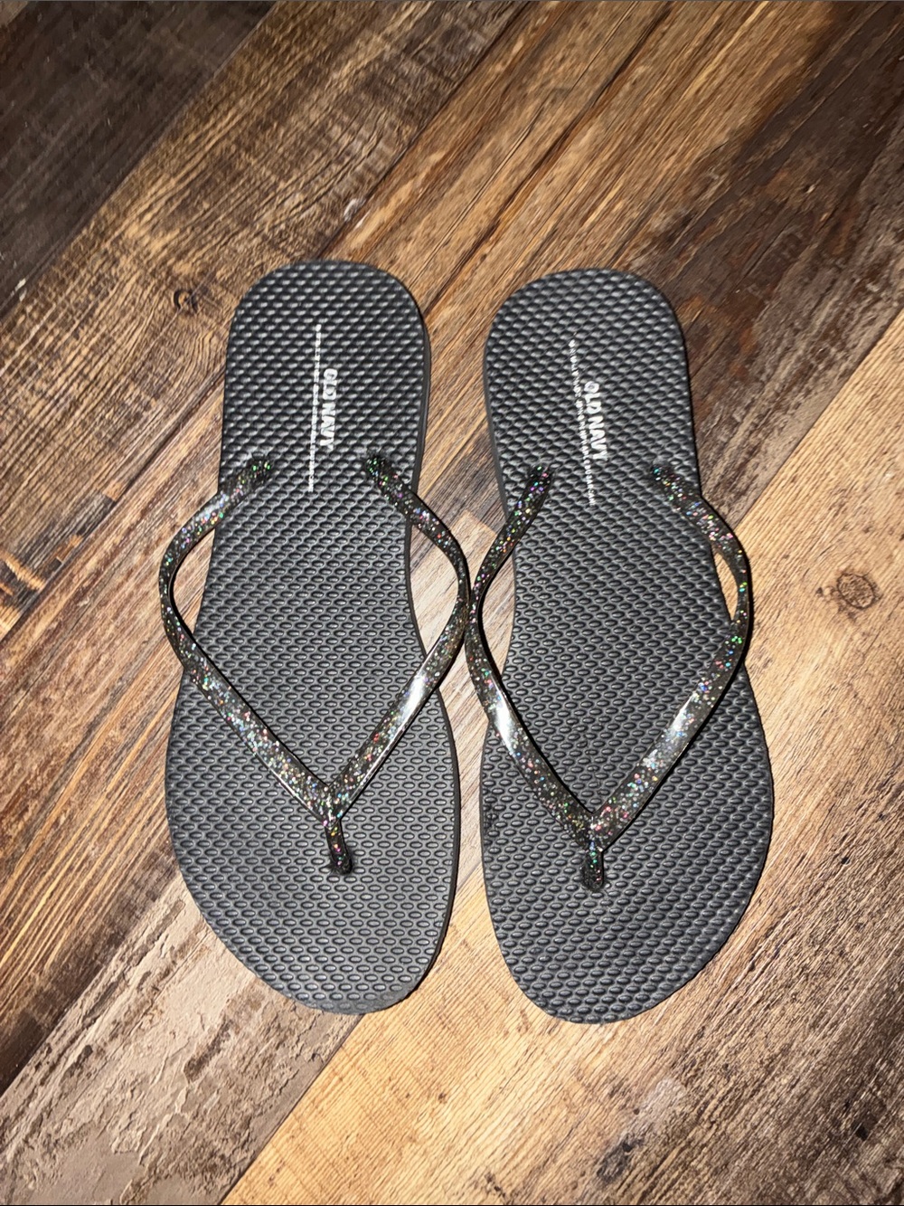Old Navy Black Flip Flop Sandals with Multicolor Glitter Straps - Women